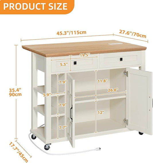 DWVO Rolling Kitchen Island with Drop Leaf, Mobile Storage Islands with Power Outlet Foldable Tabletop, 2 Drawers and Open Shelves, for Living Room, Dining Room, Off White