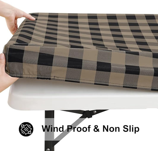Smiry Rectangle Picnic Table Cloth, Elastic Waterproof Fitted Vinyl Tablecloths, Flannel Backed Buffalo Plaid Table Covers for Dining, Camping, Outdoor (Black and Khaki, 30" x 96")