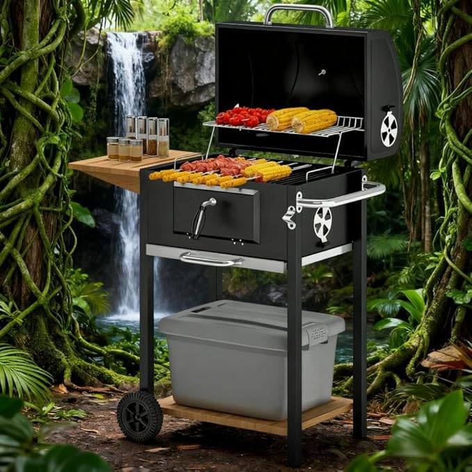 Outdoor Grills & Smokers: Portable Camping Charcoal Grill Cooking Barbecue with Thermometer, Side Shelves, and Ash Pan for Backyard BBQ,A3