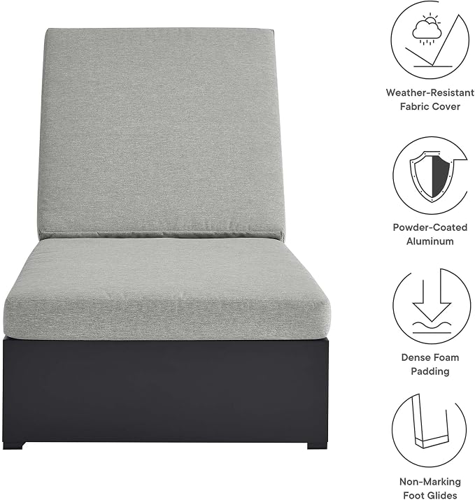Modway Tahoe Aluminum Outdoor Chaise Lounge Gray with Weather-Resistant Cushions, Perfect Patio Sunbed or Recliner Chair for Pool Furniture