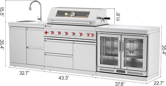 SERA C 6-Burner Propane Outdoor Kitchen with Combo Sink & Fridge | 87,900 BTU + infrared, 115L double fridge, combo sink with storage drawers, pull-out faucet, 304 SS, casters, patio backyard