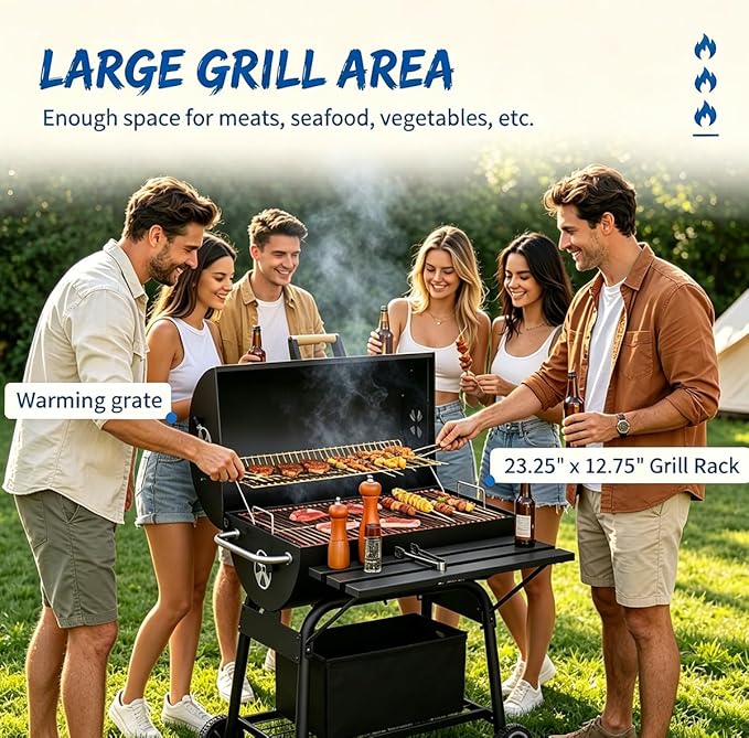 Portable Charcoal Grill with Foldable Side Shelf & Bottom Shelf, BBQ Smoker with Wheels and Adjustable Lid Vents for Picnic, Camping, Backyard Cooking (32.25" x 30" x 40.5")