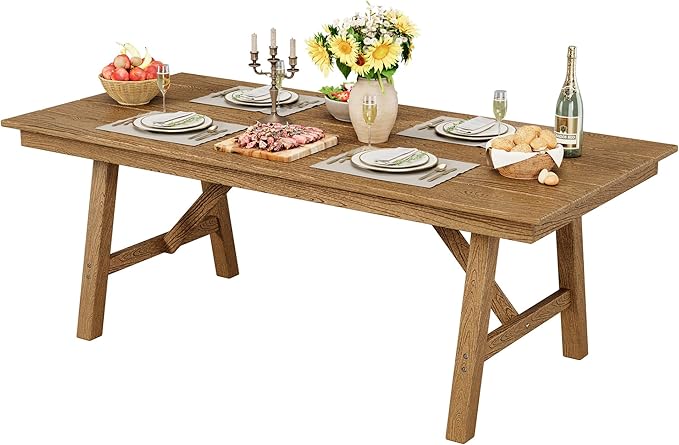 Outdoor Dining Table 6 Person, Rectangle HDPE Patio Table with 2.1" Umbrella Hole, Triangular Legs, Weatherproof Heavy Duty Backyard Furniture for Garden, Deck, Poolside, Easy Assembly (Natural)