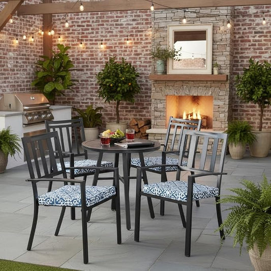 Outdoor 18 inch Square Patio Dining Chair Pads – Comfortable Fiber-Filled Seat Cushions with Ties, Reversible Polyester Fabric - Indigo Blue Lattice, Set of 4
