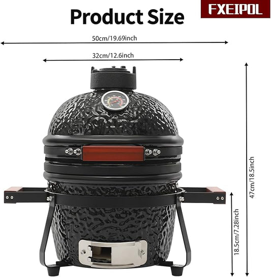 Ceramic BBQ Charcoal Grill, 13" Round Ceramic Barbecue Grill with Thermometer for Picnics, Camping (Black)