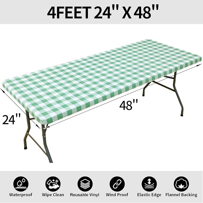 Smiry Rectangle Picnic Table Cloth, Elastic Waterproof Fitted Vinyl Tablecloths, Flannel Backed Buffalo Plaid Table Covers for Dining, Camping, Outdoor (Sage Green and White, 24" x 48")