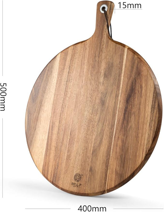 BILL.F Wood Pizza Peel 16 Inch,16" Acacia Wood Round Cutting Board with Handle Pizza Board for Kitchen Charcuterie Decorative Board