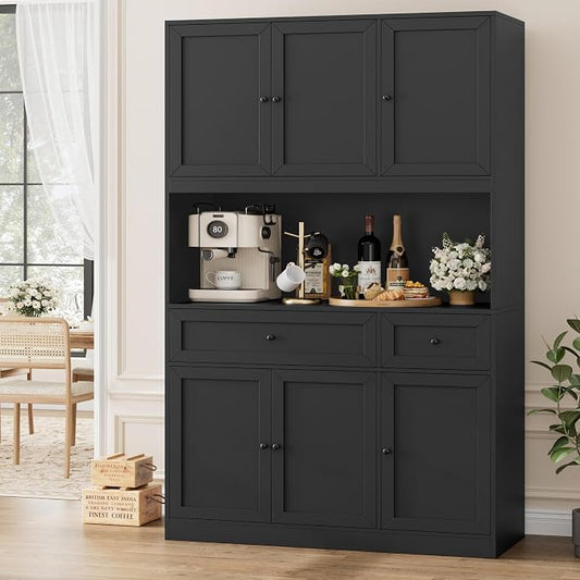 BOTLOG 72" Kitchen Pantry Cabinet Microwave Stand, 10 Storage Compartments | 2 Drawers, Large Capacity, 47.2-inch wide Countertop, Kitchen Hutch utch for Dining Room (Black)