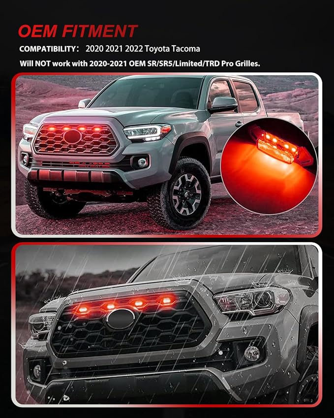 4Pcs Red LED Grill Lights Kit for 2020-2022 Toyota Tacoma | for TRD Off-Road & Sport OEM Grille,Black Shell, w/ Wiring Harness,Not for 2020-2021 OEM SR/SR5/Limited/TRD Pro Grilles