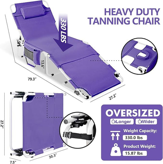 Tanning Chair with Face Hole, Adjustable Folding Chaise Lounge Chairs for Outside with Detachable Pillow & Pocket,Portable flat beach chairs for sunbathing, beach lawns camping (Purple, Oversized)