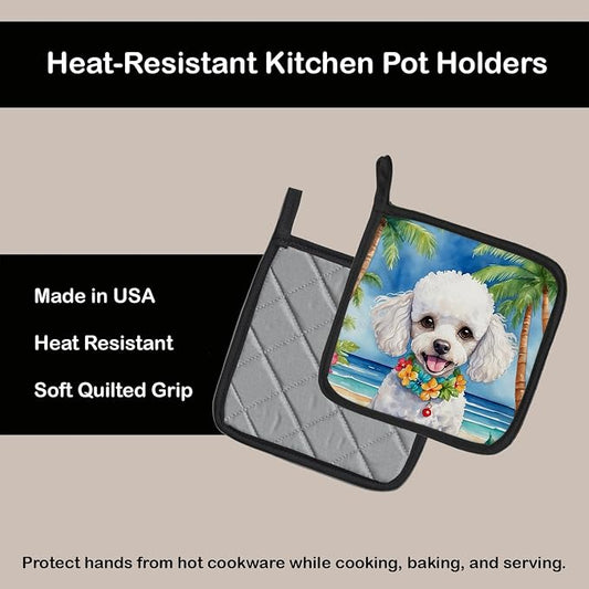 Caroline's Treasures White Poodle Luau Pair of Pot Holders Kitchen Heat Resistant Pot Holders Sets Oven Hot Pads for Cooking Baking BBQ, 7 1/2 x 7 1/2
