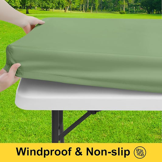 Smiry Picnic Table Cover with Bench Covers, Waterproof Elastic Fitted Polyester Tablecloths for 6 Ft Rectangle Tables, Washable Windproof Tablecloth for Outdoor, Camping (Sage Green, 30x72 Inches)