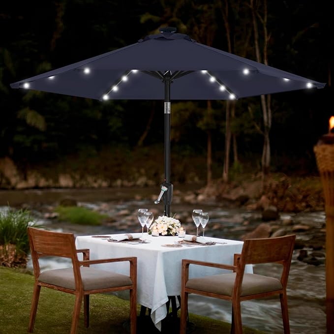 MASTERCANOPY 7.5FT 6Ribs Patio Umbrella with 32 Solar LED Lights, Outdoor Market Umbrella with Tilt & Crank, UV Protection & Fade Resistant Fabric, Easy Set-Up for Garden, Deck, Pool (Navy Blue)