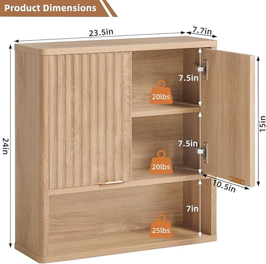 LEYAOYAO Fluted Bathroom Wall Cabinet, Wall-Mounted Medicine Cabinet with Adjustable Shelf & Doors, Farmhouse Floating Over the Toilet Storage Cabinets for Laundry Room, Kitchen, Living Room (Natural)