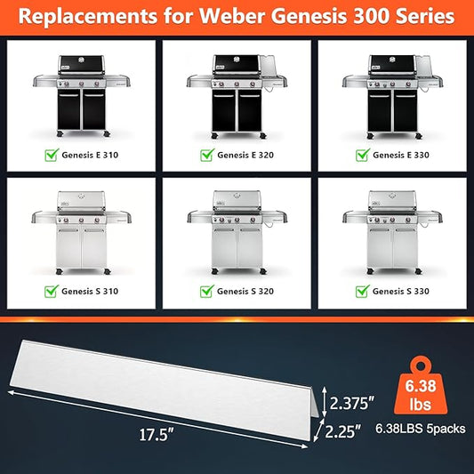 QuliMetal 17.5 Inch Flavorizer Bars for Weber Genesis 300, Genesis E-310 E-320 E-330 Grills with Front Controls Knobs (2011-2016), Stainless Steel Grill Heat Plates for Weber 7620 7621
