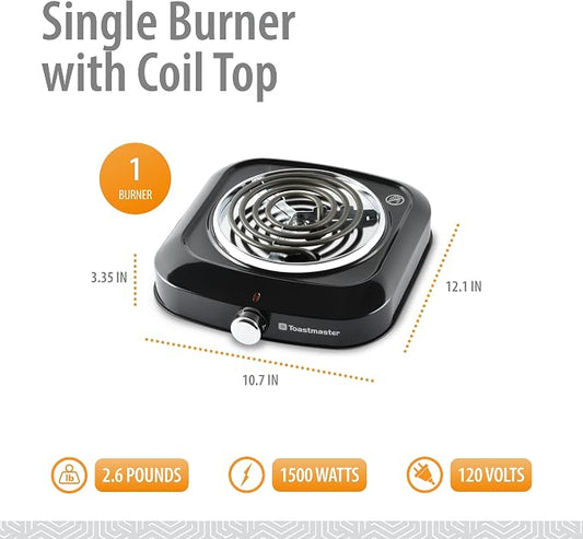 Toastmaster Single Burner with Coil Top & Chrome Knob - Single Tabletop Burner with Drip Shield & Non-Skid Feet - Electric Countertop Burner with Variable Heat Control