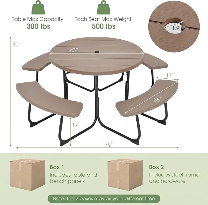 Tangkula 8 Person Picnic Table, Outdoor Round Picnic Table with 4 Built-in Benches, Umbrella Hole, Metal Frame & HDPE Tabletop, Outside Table and Bench Set for Backyard, 2300lbs Weight Capacity