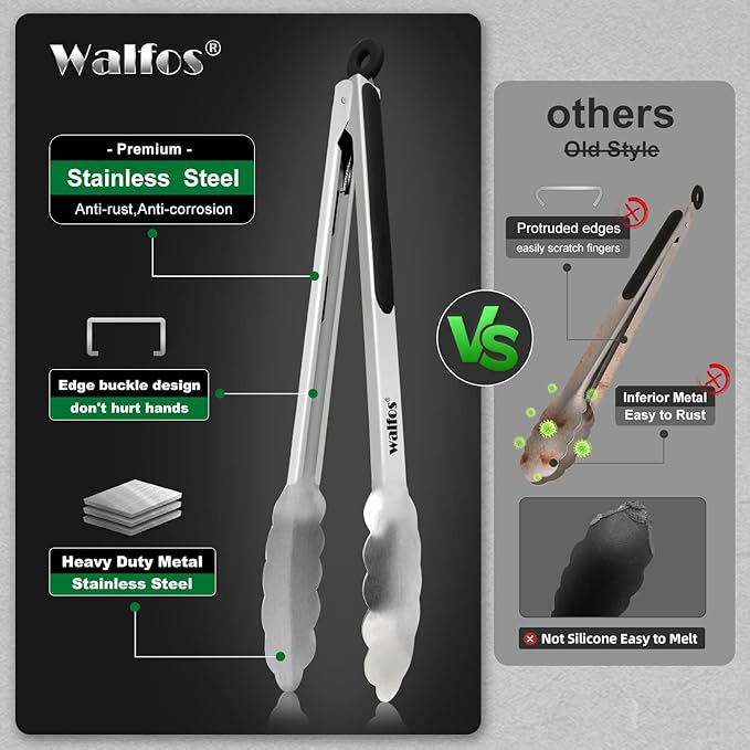 Food Grade Stainless Steel Kitchen Tongs for Cooking,BBQ - 7 ,9 and 12 Inch,Set of 3 Heavy Duty Locking Metal Food Tongs Non-Slip Grip