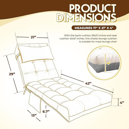 Outdoor Chaise Lounge Chair Cushion, Waterproof Outdoor Chair Cushions for Patio Furniture, 71 x 21 x 4 Inches Replacement Chaise Lounge Cushion with Ties (Cream)