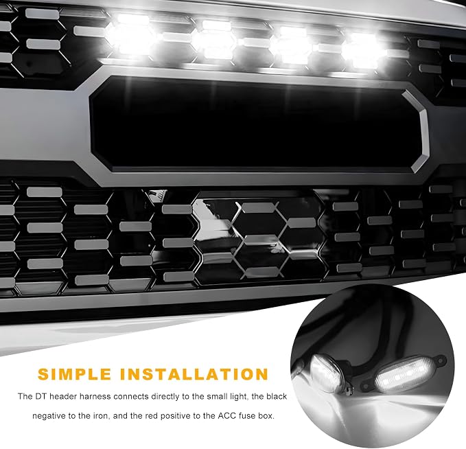 5 PCS Car LED Grille Lights, Waterproof Front Grille Running Lights with Wiring Harness, LED Grill Running Lamp Decorative Light for 2017-2019 F150 Raptor (Black & White, 5 PCS)
