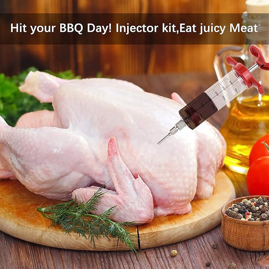 Premium Meat Injector, Marinade Injector Syringe with 2 Meat Needles for BBQ Grill Smoker, Turkey and Cooking 1-oz Capacity, 2 Stainless Needles, 1 Brush, Red