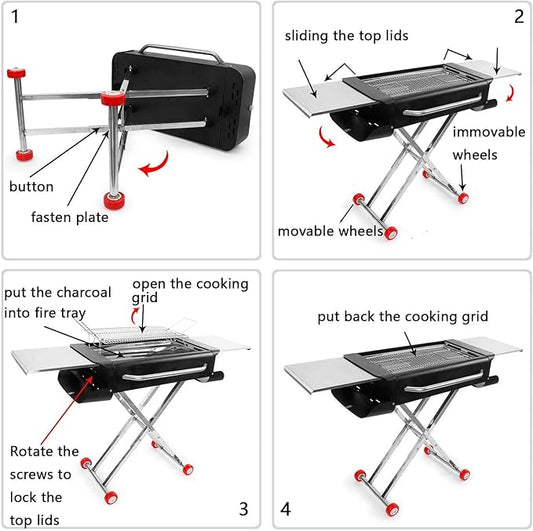 Portable Charcoal Grill Barbecue Camping Outdoor Cooking Thickened Stainless Steel Folding Barbecue Grill,Black.