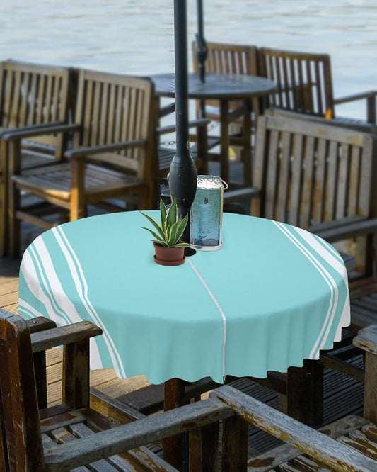 QueenKer Outdoor Tablecloth with Umbrella Hole, Farmhouse Teal White Stripe Round Tables Waterproof Tabletop Collection for Patio, Garden, Picnic, Camping, Dining 54R