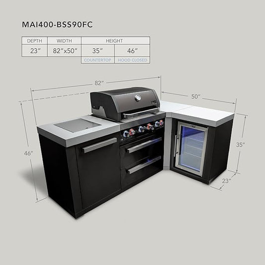 Mont Alpi Premium 82"W x 50"D Black Stainless Steel L-shaped Modular Outdoor Kitchen Island with Refrigerator + 32"W 4-Burner BBQ Gas Grill + Granite Countertops + Storage Cabinets + Drawers + Cover