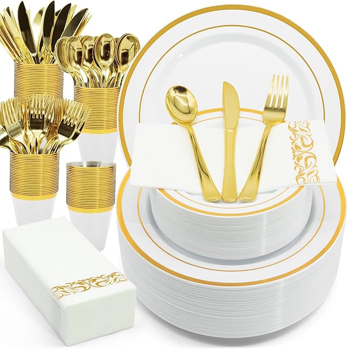 AIRE 175PCS Gold Plastic Plates for Party Supplies Dinnerware Sets for 25 Guests, Disposable Plastic Party Plates, Cups, Spoons, Forks, Knives, Napkins for Wedding Birthday Thanksgiving BBQ Parties