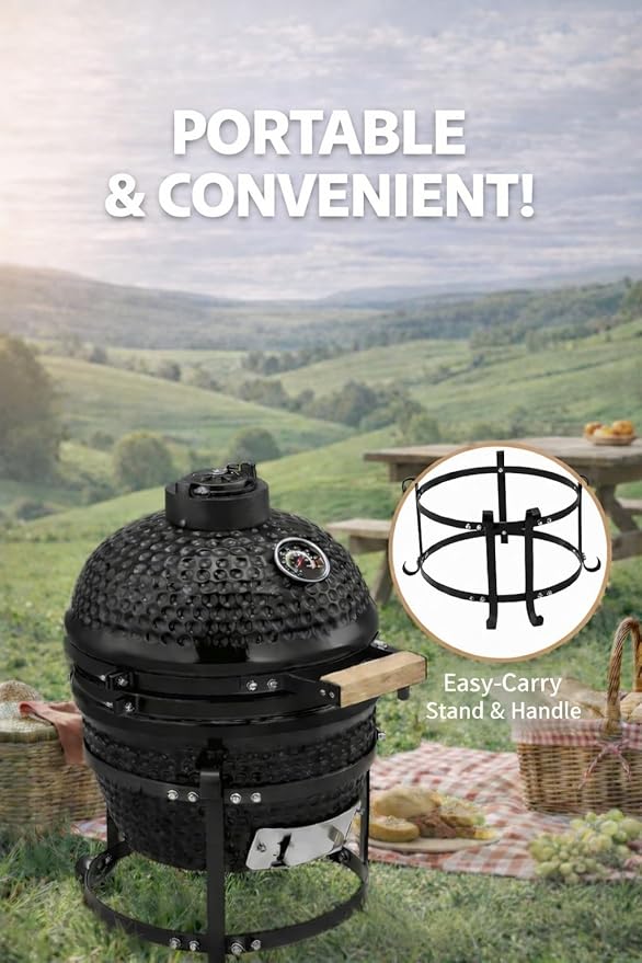 13-in W Kamado Grill with Built-in Thermometer, Oval Grill with Cast Iron Grates, Bamboo handle, Portable Ceramic Grills with Low Stand for Backyard, Patio, Deck grilling, Black
