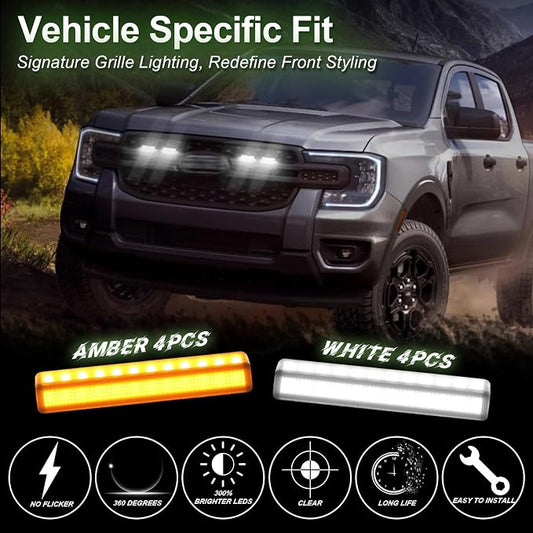 4PCS Front Grille Lights for Ford Ranger 2019-2026 White Light | Bright Bumper Grill Light Bar LED Running Lamps Fit for XL XLT Lariat Car Accessories