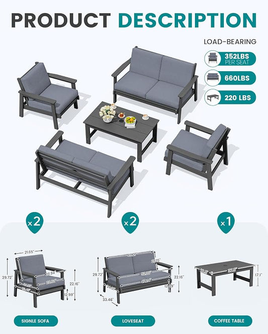 SERWALL HDPE Patio Furniture Set, 5 Piece All Weather Wood-Like Sectional Outdoor Furniture Set, Grey Patio Sofa Couch with Grey Cushions for Deck, Lawn