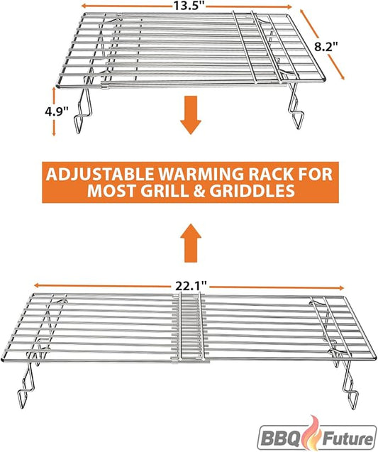 BBQ Future Universal Adjustable Warming Rack for Grills, Folding Stainless Steel Upper Rack for Pit Boss Traeger Pellet Smoker Weber Charbroil Gas Grill Blackstone Griddle & More, Dishwasher Safe
