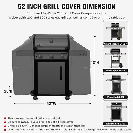 Ultimate Durable Grill Cover for Weber Spirit 200 and 300 Series Outdoor Grill,52 Inch Heavy Duty Waterproof Rip-Proof BBQ Cover,Fade Resistant 7106 Gas Grill Cover for Weber with Strap and Air Vent