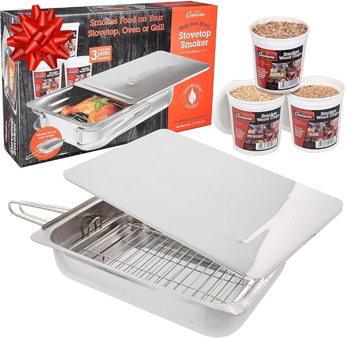 Camerons Original Stovetop Smoker, Oak, Apple, Hickory Wood Chips & Recipes | Stainless Steel Barbecue Smoker Box Use Indoor Outdoor on Any Heat for Smoking Meat, Veggies & Seafood, Grilling Gift for Men