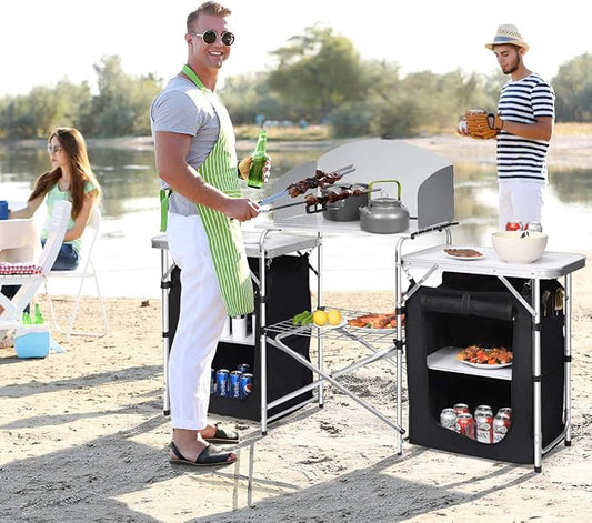 Giantex Camping Kitchen Station, Folding Grill Table with 26'' Tabletop, 2 Side Tables, Storage Organizer, Detachable Windscreen, Portable Camp Cook Outdoor Prep Station Backyard BBQ Picnic (Black)