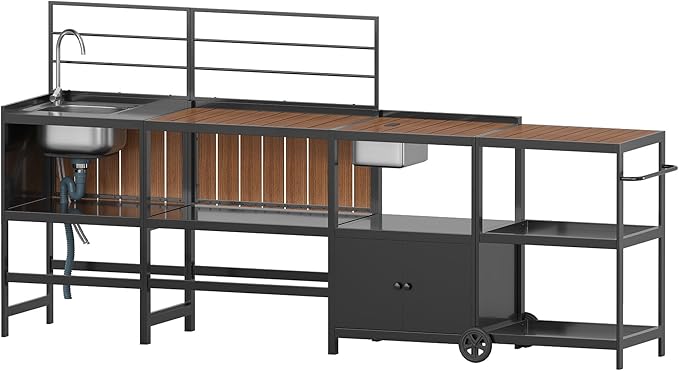Vikiullf Aluminum Modular Outdoor Kitchen Island with Stainless Steel Sink, Movable Cart and Storage Cabinet, for Backyard BBQ, Porch Party (Black)