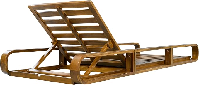 Merax 2 Piece Teak Finish Acacia Wood Chaise Lounge - 2 Pcs Frame + 2 Pcs 4" 4-Fold Beige Water-Resistant Cushion, 400lbs Capacity, Adjustable Outdoor Recliner for Patio Poolside Backyard