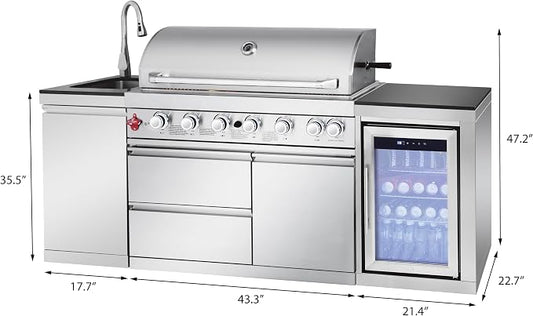 82-inch 6-Burner Gas Grill 85,000 BTU Outdoor Kitchen Barbecue | Stainless Steel Grill Island with Sink, Storage Cabinets, and Wine Refrigerator,Backyard, Patio, Lawn, Silver
