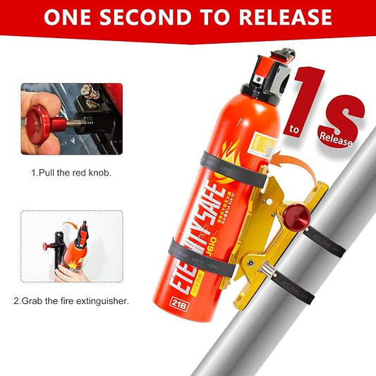 Quick Release Fire Extinguisher Mount โ Gold Adjustable Aluminum Roll Bar Bracket Compatible with Car Jeep Wrangler (TJ/JK/JL/JKU), UTVs (Polaris RZR, Ranger, Can-Am X3), Trucks & Off-Road Vehicles