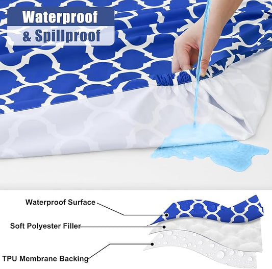 Smiry 2 Pack Rectangle Table Cloth 8 Foot, Waterproof Elastic Fitted Tablecloths, Windproof Washable Polyester Table Cover for Picnic, Camping, Outdoor (Blue, 30"x96")