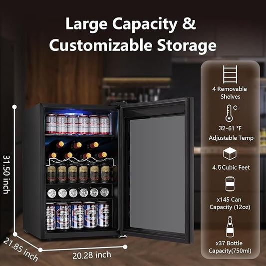 Electactic 37 Bottle Wine Fridge,Freestanding 145 Can Beverage Refrigerator with Smart Temperature Control,4.5 CU FT Quiet Mini Fridge with Child Lock Panel for Family Restaurant Bar, Black