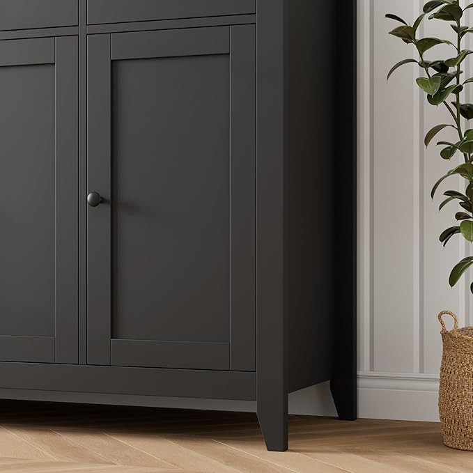 HORSTORS 55" Buffet Cabinet, Modern Farmhouse Sideboard Buffet with Drawers, Large Kitchen Storage Cabinet with Adjustable Shelves, Wood Coffee Bar for Kitchen, Dining Room, Living Room, Black