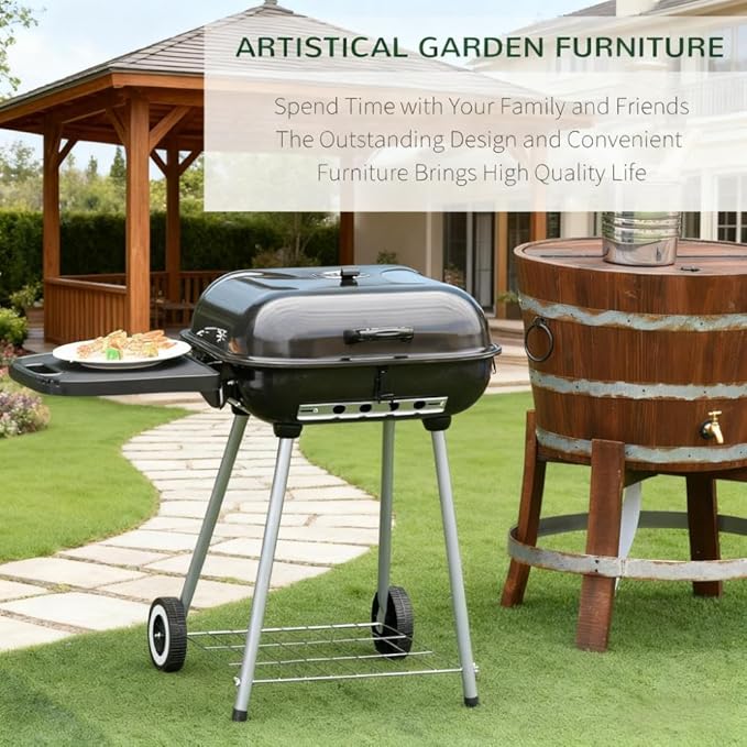 Outdoor Grills & Smokers: Portable Camping Charcoal Grill Cooking Barbecue with Thermometer, Side Shelves, and Ash Pan for Backyard BBQ,A5