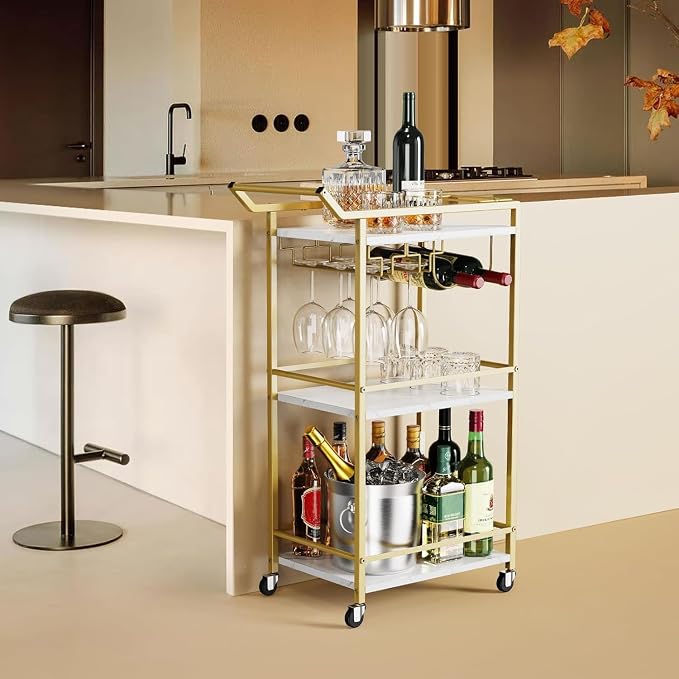 3 Tier Bar Cart Mini Liquor Utility Cart for Wine Beverage Dinner Party | Rolling Wine Coffee Drink Serving Cart with Lockable Wheels for Home Kitchen Bars (Gold)