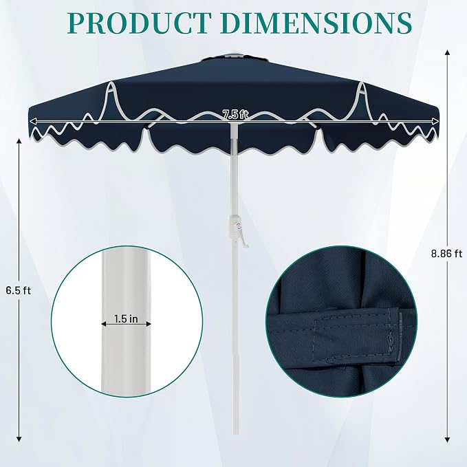AreShark 7.5FT Outdoor Patio Umbrella with Wavy Trim (Navy) | Market Table Umbrellas w/ 6 Sturdy Ribs, Crank & Tilt, White Pole, Pool Umbrella with UV-Fade Resistant Fabric, Heavy Frame