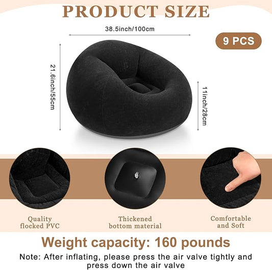 Realspring 6 9 12 Pcs Inflatable Bean Bag Chairs for Adults with Electric Air Pump, Blow up Couch Folding Portable Inflatable Couch Lazy Sofa for Outdoor Movie Night Camping(Black,9 Pcs)