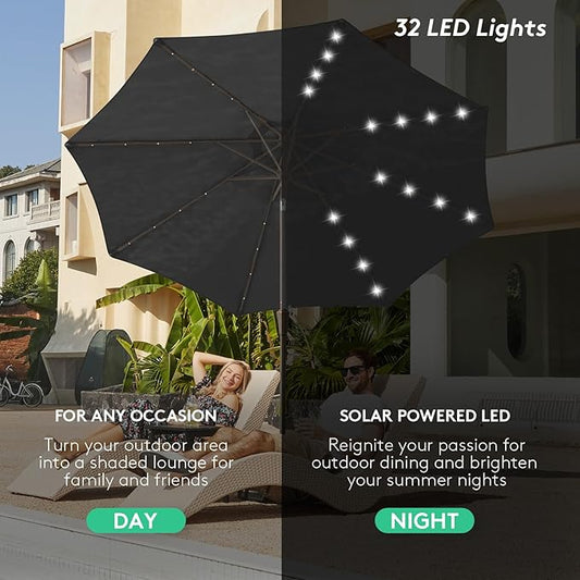 JEAREY 9FT Outdoor Patio Umbrella with Solar Lights, LED Lighted Pool Umbrella with Tilt and Crank, Outdoor Table Umbrellas for Deck, Yard & Market (Jet Black)