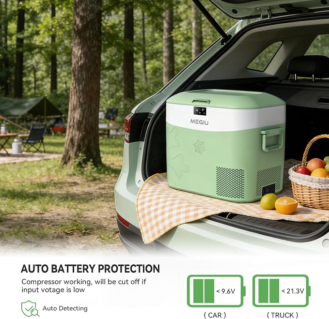 Megiu Car Fridge Portable 12 Volt Refrigerator 23 Quart (22 Liter) Freezer Compressor Cooler 12V/24V DC 110~240 V AC for Outdoor, Camping, Travel, Home Use -18℃~+15℃ (Green)