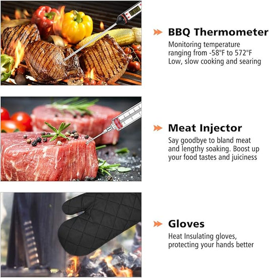 27 Pcs Grill Utensils Set for Outdoor Grill โ Stainless Steel BBQ Tools Grilling Tools Set, Organized in Case with Thermometer, Injector & More โ Complete Kit for Cooking, Camping & Backyard Barbeque